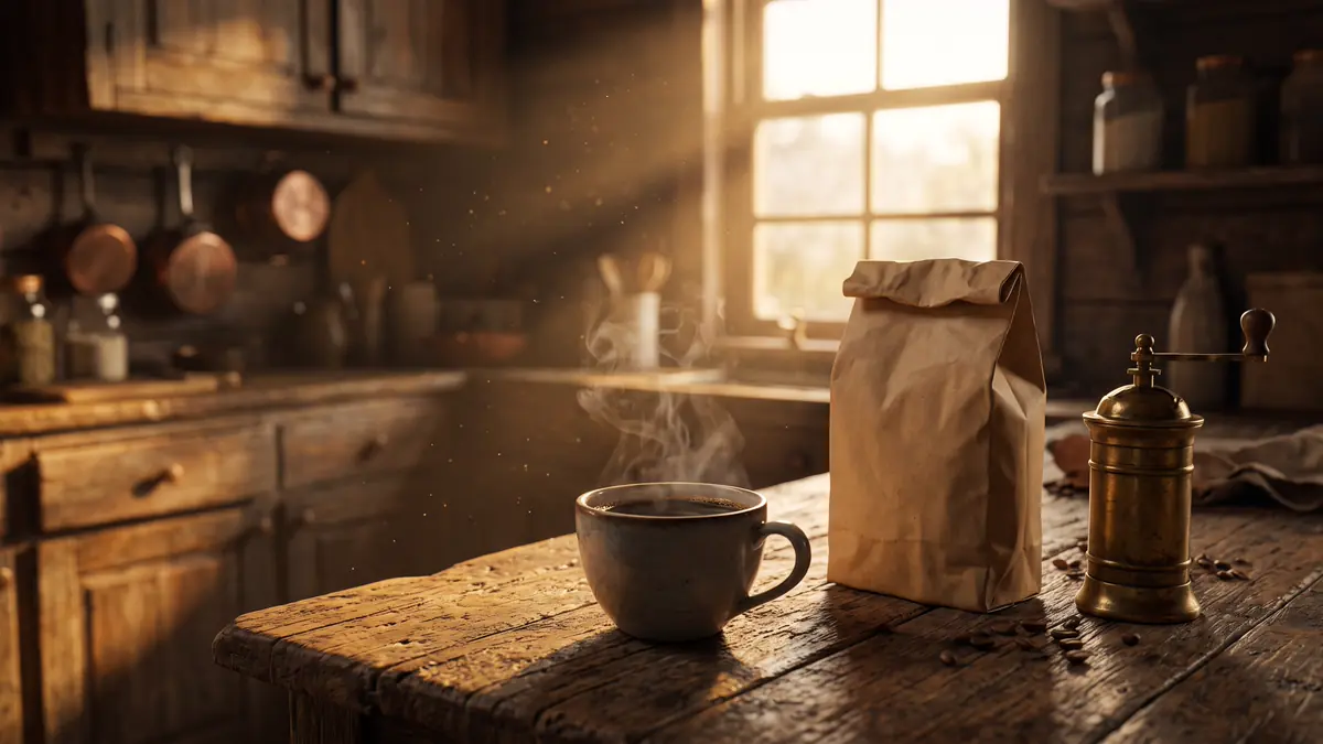 Secangkir kopi hitam mengepul di meja kayu dapur rustik, kantong kopi kertas polos dan penggiling kuningan, cahaya matahari pagi masuk dari jendela.