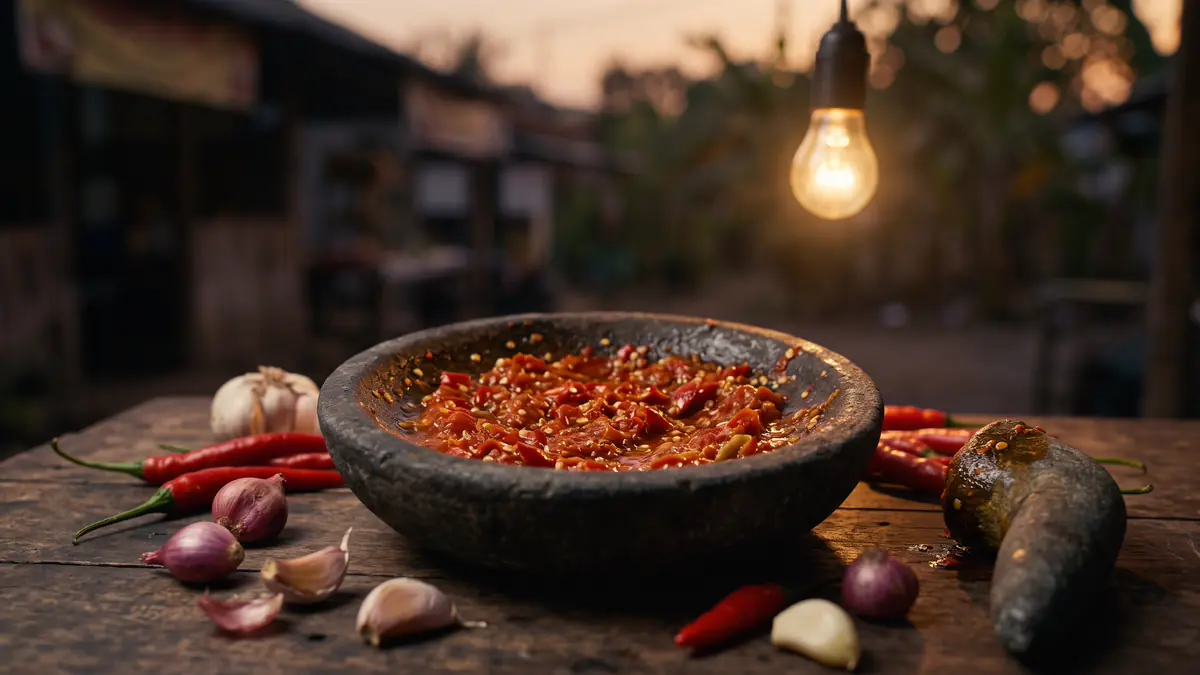Cobek batu berisi sambal merah segar dikelilingi cabai, bawang merah, dan bawang putih di meja kayu warung saat senja, lampu bohlam menyala.