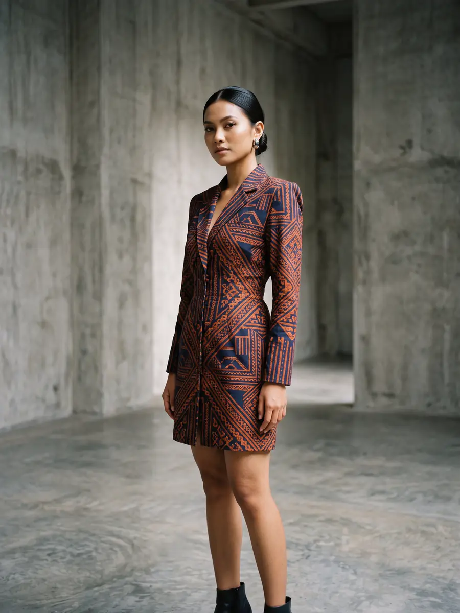 Model fiktif perempuan Indonesia memakai gaun blazer batik modern bermotif geometris fiktif nila dan jingga di galeri beton minimalis.
