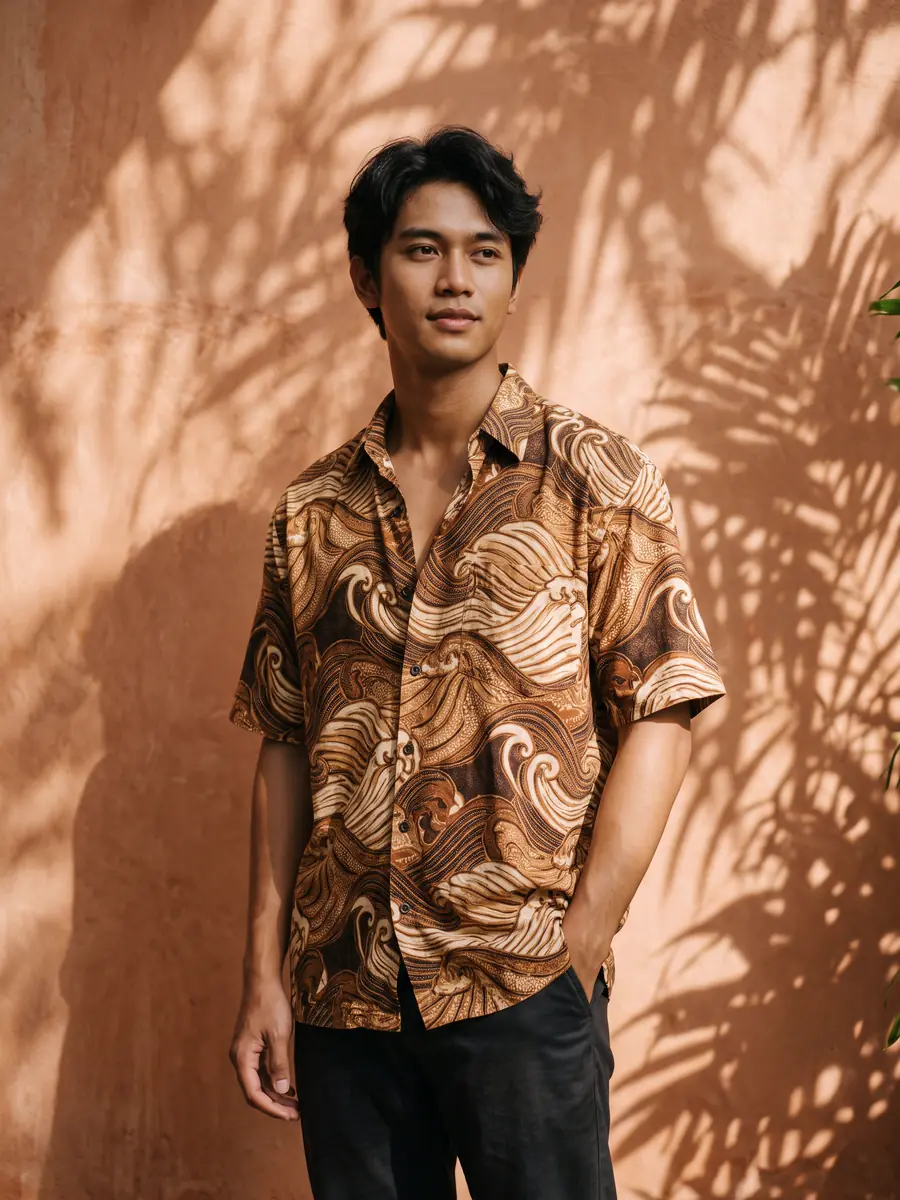 Model fiktif pria Indonesia memakai kemeja batik longgar bermotif ombak cokelat dan krem, bersandar di dinding terakota dengan bayangan daun.