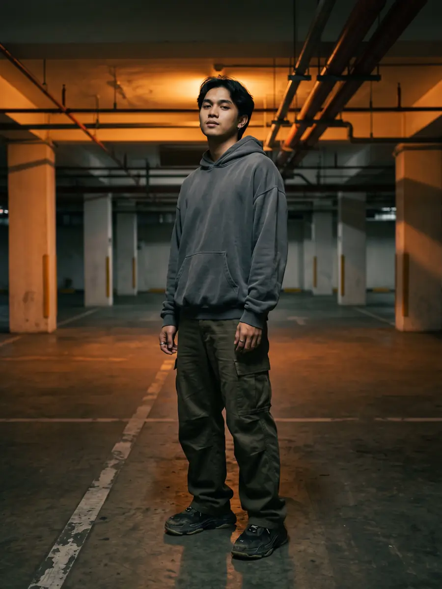 Model fiktif pria Indonesia memakai hoodie abu gelap dan celana kargo di area parkir basement dengan lampu jingga.