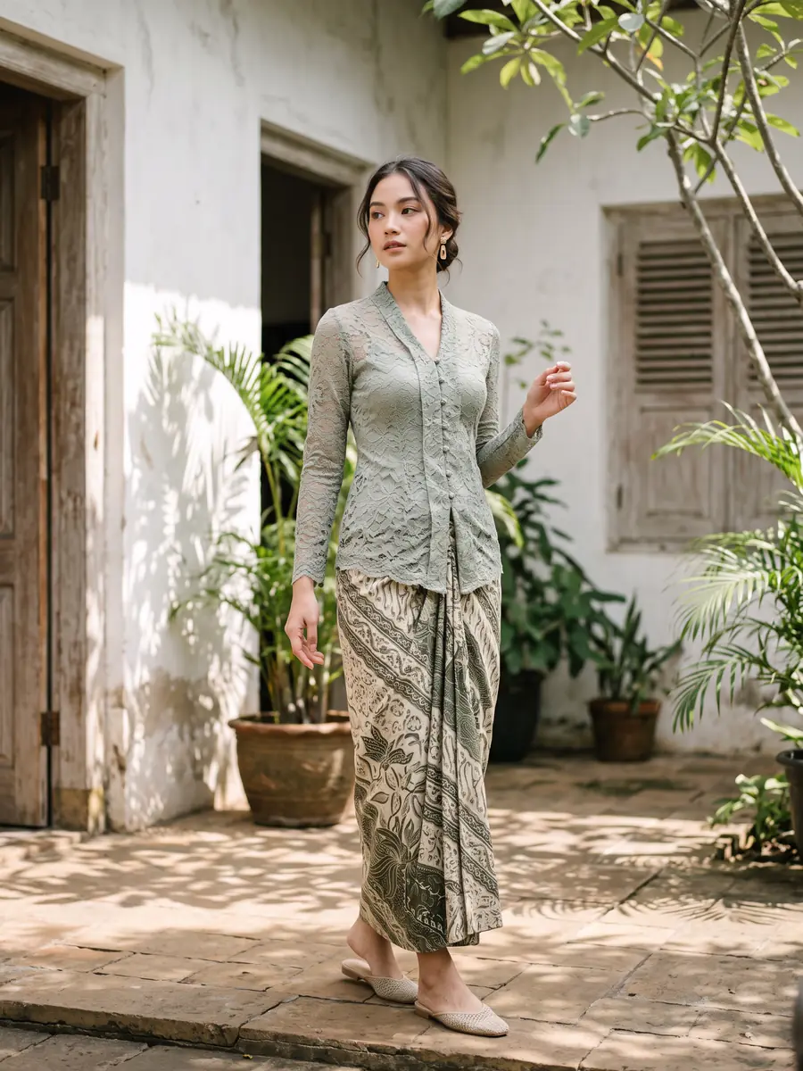 Model fiktif perempuan memakai kebaya brokat hijau sage modern dan kain bermotif fiktif di halaman bercat putih yang terang.