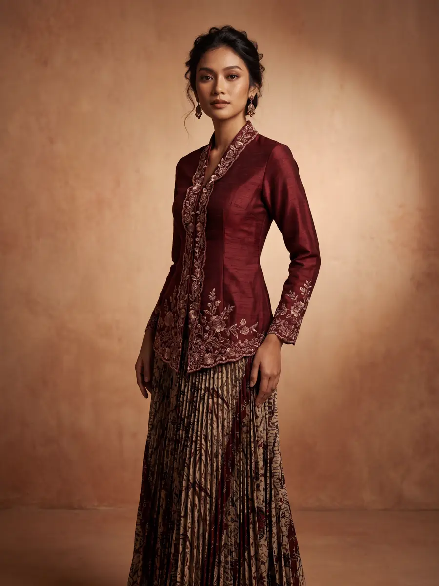 Model fiktif perempuan Indonesia memakai kebaya marun berbordir dengan rok plisket di depan latar studio hangat.