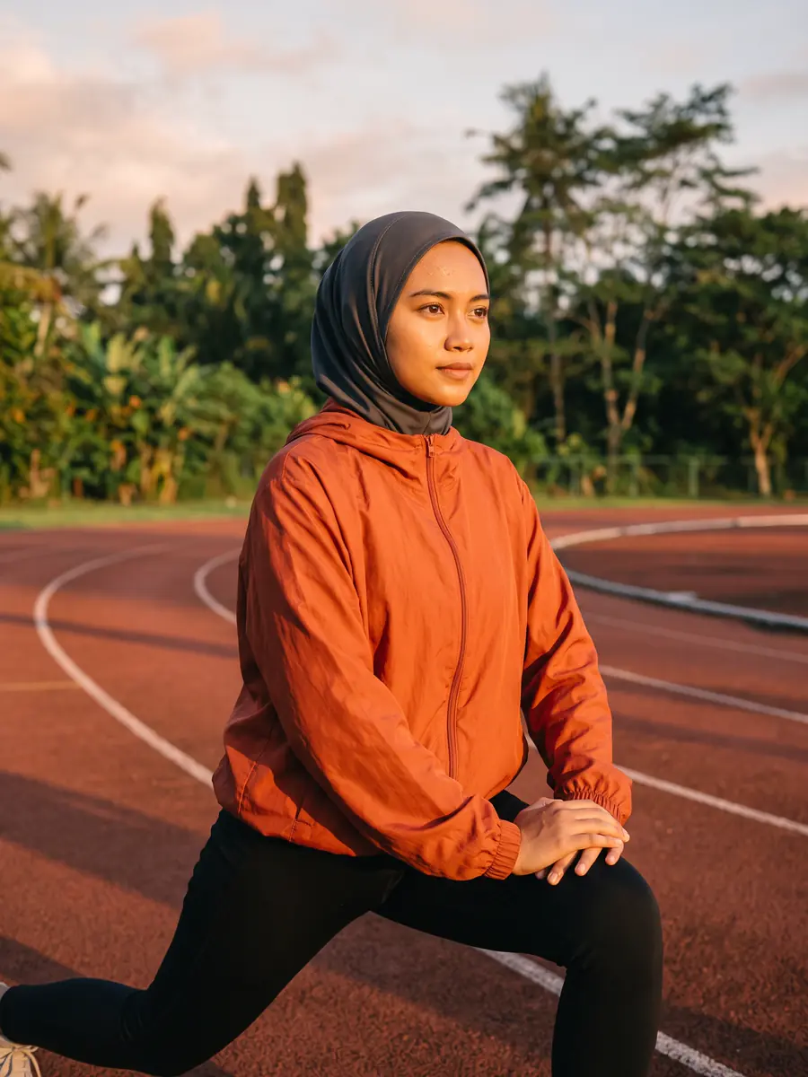 Model fiktif perempuan berhijab olahraga memakai jaket angin jingga dan legging hitam sedang peregangan di lintasan lari saat matahari terbit.