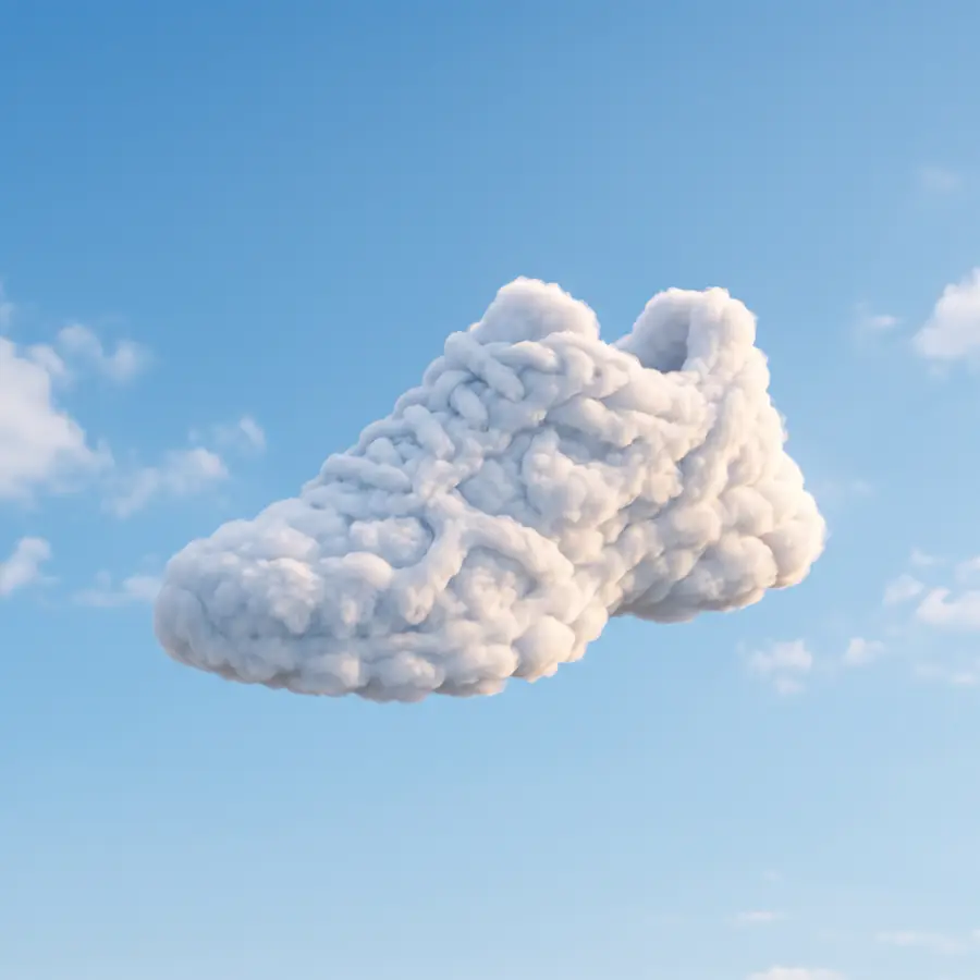 Sepatu lari yang terbentuk dari awan putih lembut melayang di langit biru cerah.