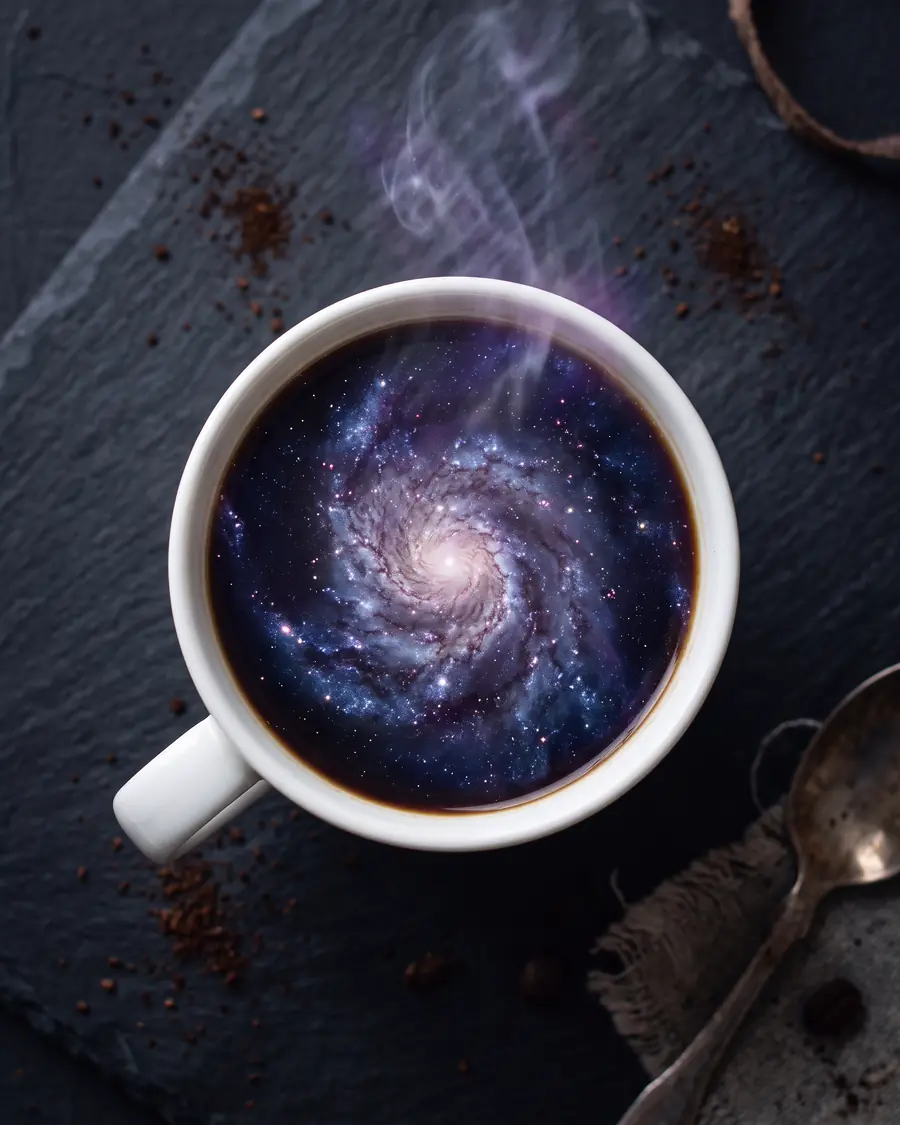Tampak atas cangkir keramik putih berisi kopi dengan pusaran galaksi dan bintang di permukaannya, di atas meja batu sabak gelap.