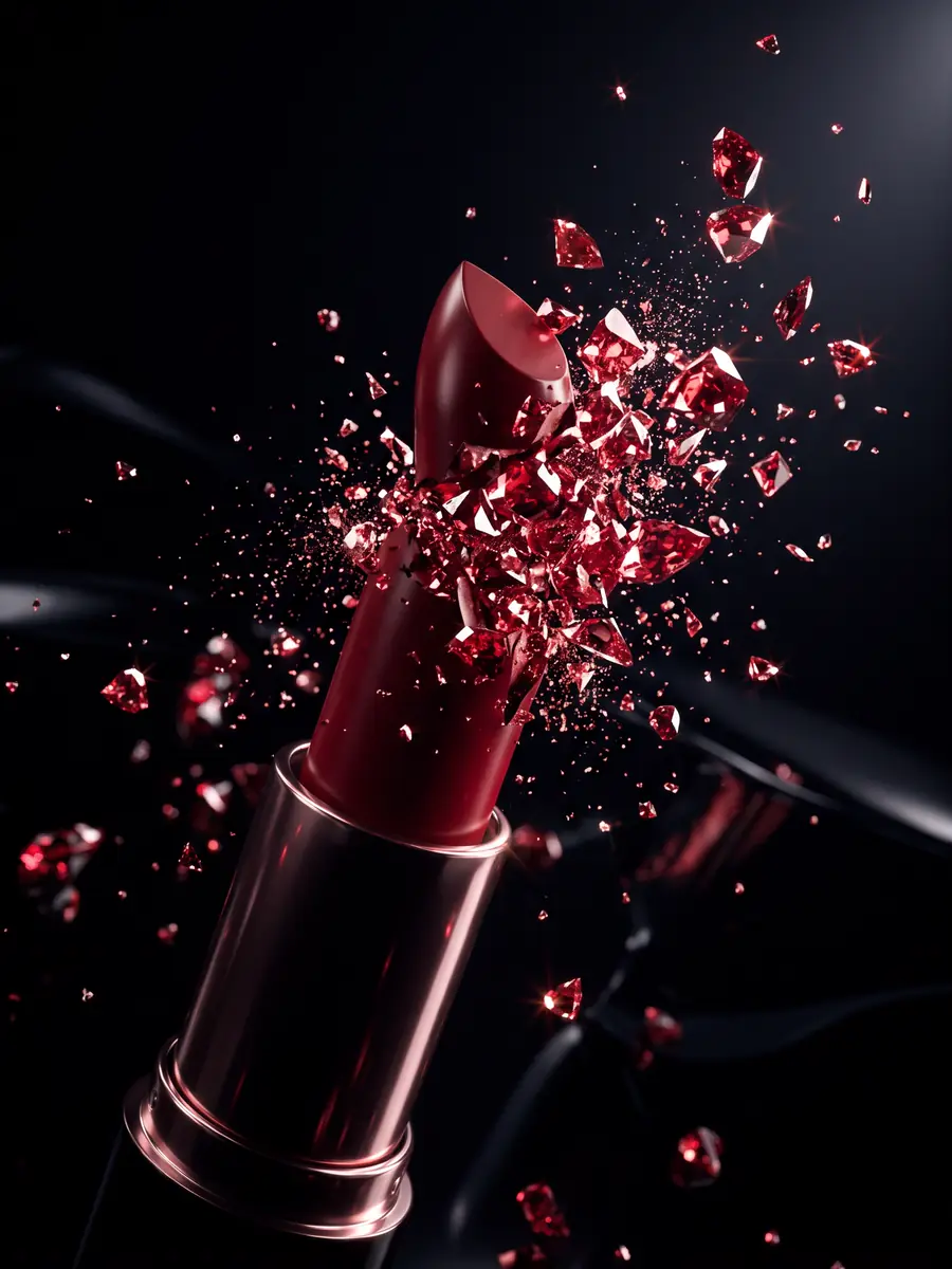 Lipstik merah tua tanpa merek pecah menjadi kepingan kristal merah berkilau yang melayang di latar hitam mengilap.
