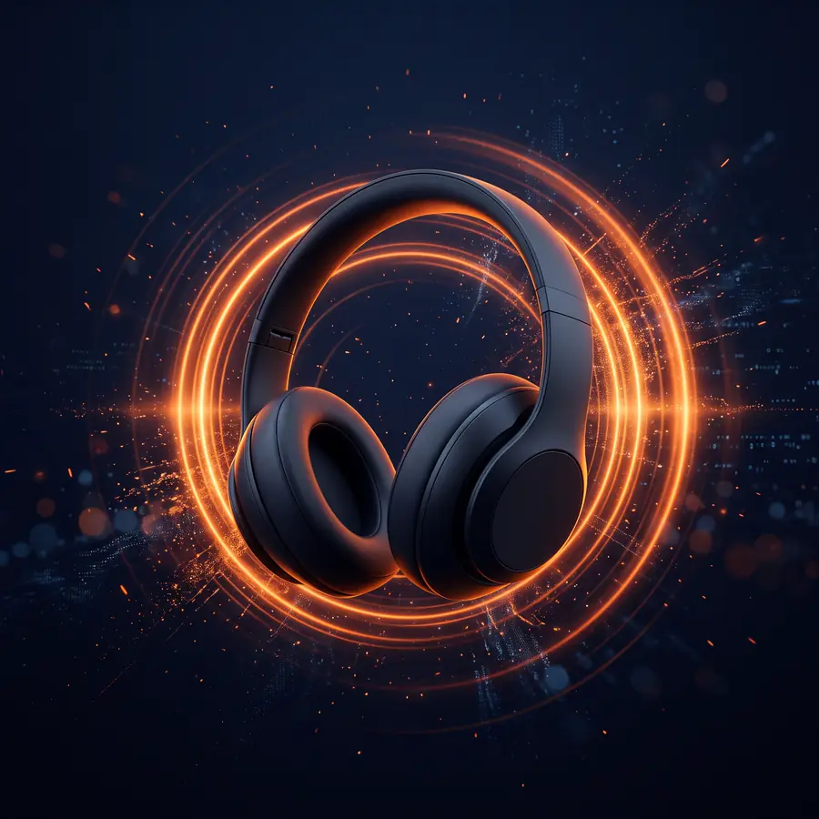 Headphone hitam doff tanpa logo melayang dikelilingi cincin gelombang suara jingga yang bercahaya di latar biru gelap.