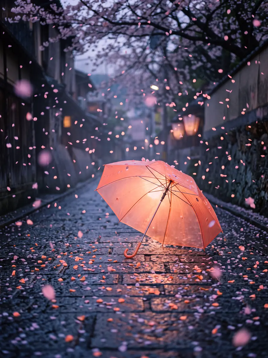 Payung transparan jingga koral terbuka di jalan batu yang sepi saat hujan kelopak bunga sakura merah muda turun, cahaya senja.