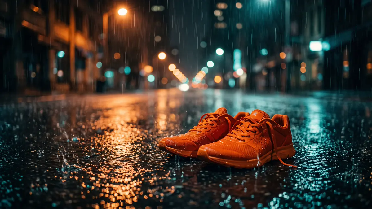 Sepasang sepatu lari jingga tanpa merek di aspal basah jalan kota saat hujan malam, genangan memantulkan lampu kota jingga dan biru kehijauan.