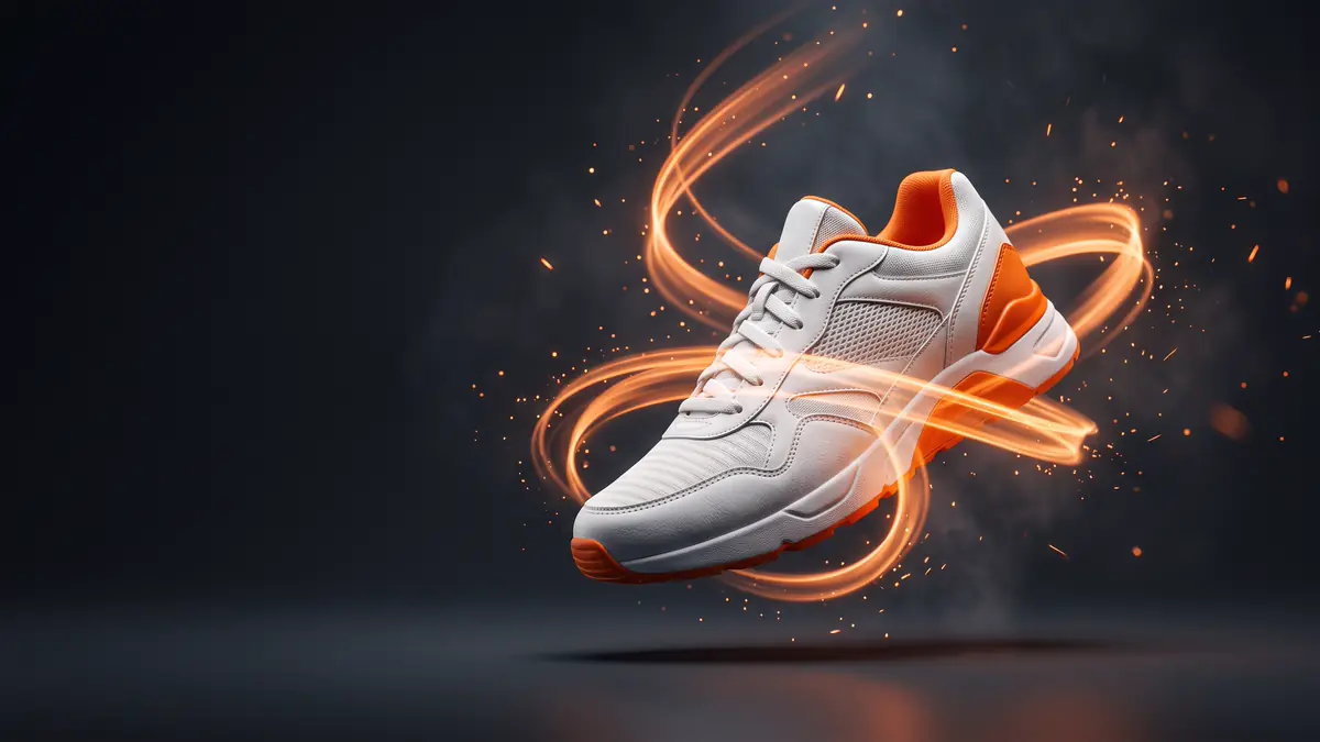 Sepatu sneakers putih dengan aksen jingga tanpa merek melayang di studio gelap, dikelilingi pita cahaya jingga dan percikan partikel.