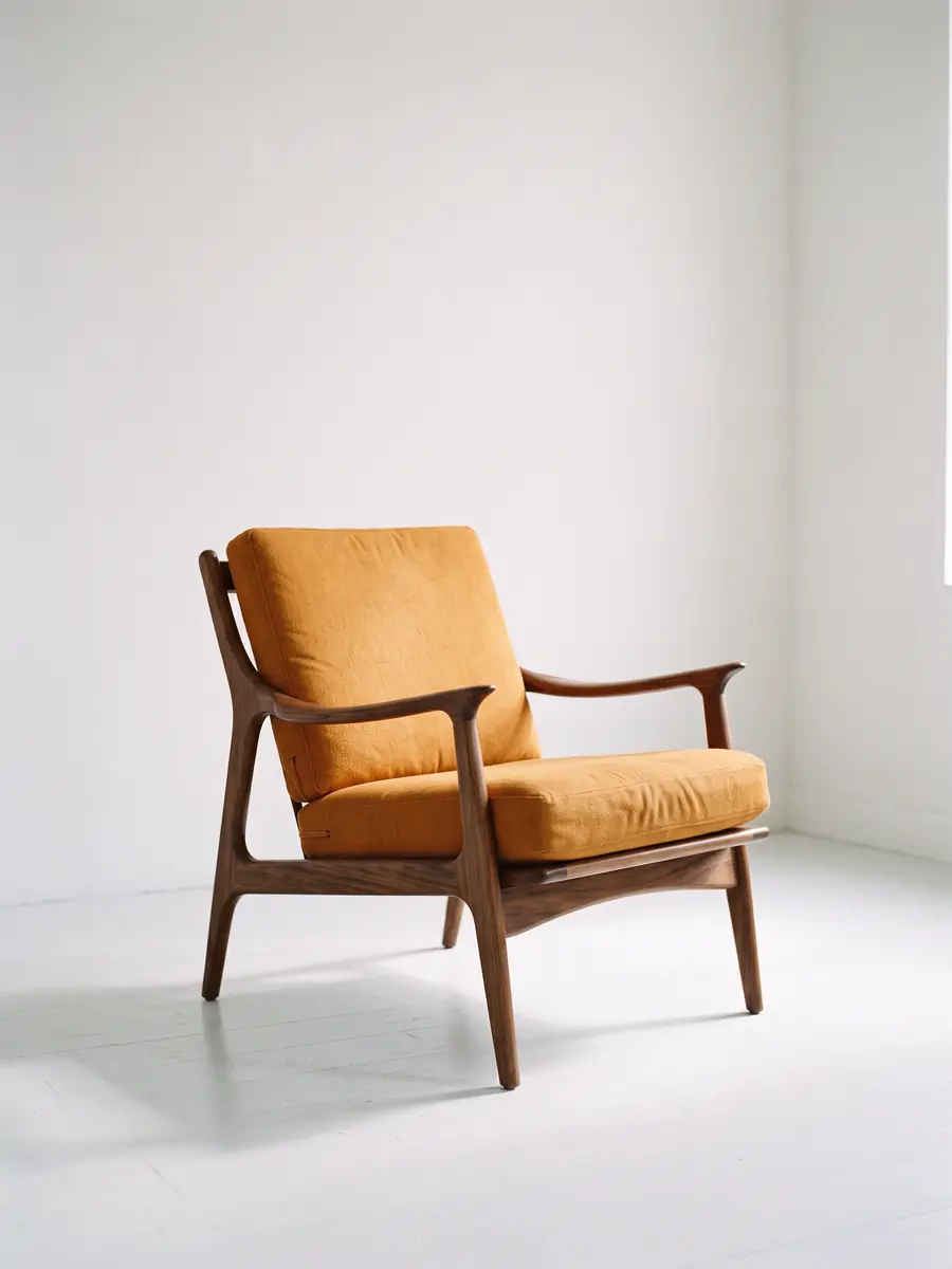 Kursi santai berangka kayu walnut dengan bantalan kuning mustard berdiri sendiri di ruangan putih minimalis dengan cahaya siang lembut.