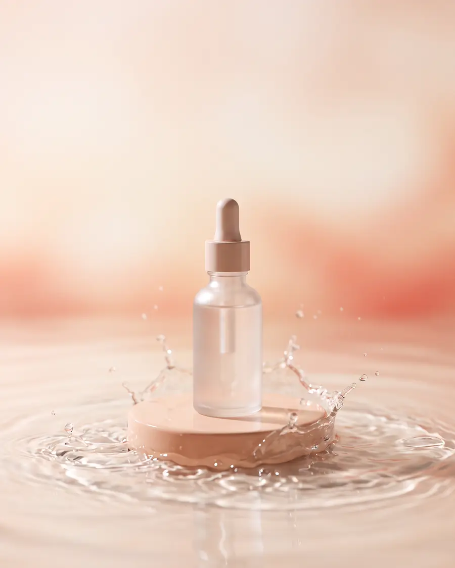Botol serum kaca buram tanpa label di atas alas bundar peach di tengah riak air dan cipratan, latar gradasi lembut.