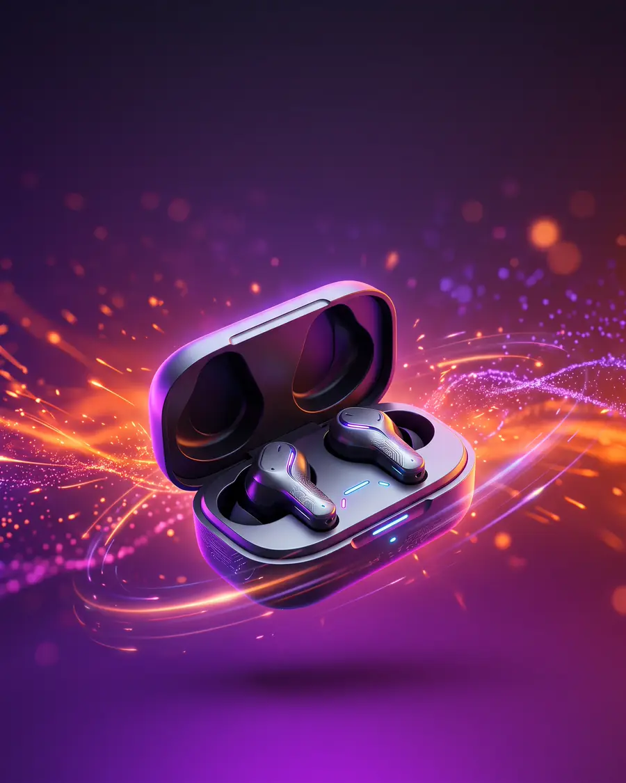 Earbuds nirkabel dalam wadah pengisi daya terbuka tanpa logo melayang di atas gradasi ungu dan jingga dengan jejak cahaya.