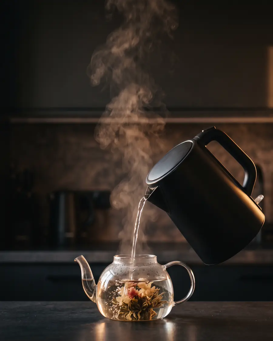 Ketel listrik hitam doff tanpa merek menuang air panas ke teko kaca berisi teh bunga mekar di dapur gelap dengan cahaya tepi hangat.