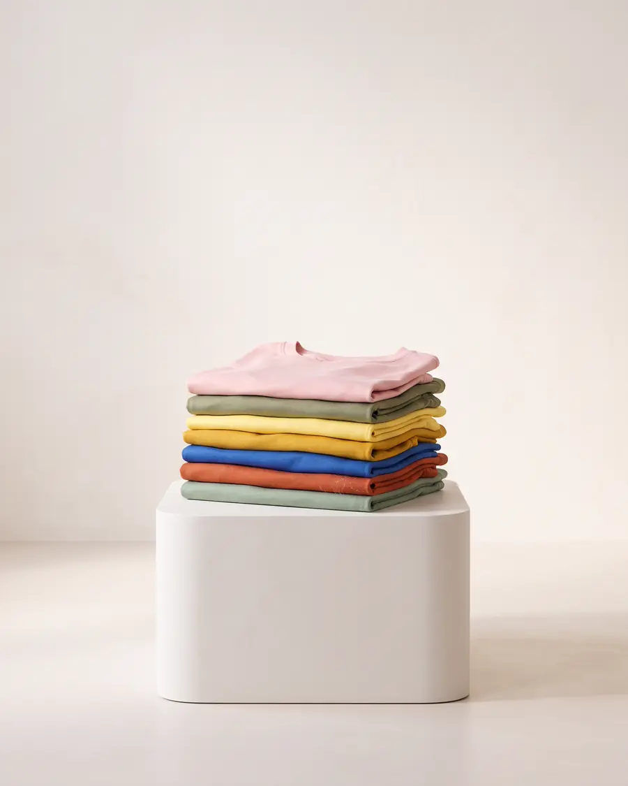 Tumpukan kaus katun berwarna pastel terlipat rapi tanpa logo di atas alas putih minimalis.