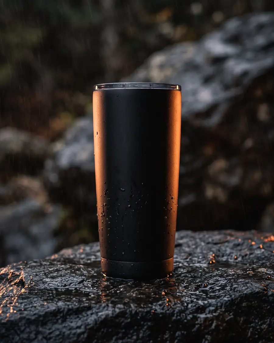 Tumbler baja tahan karat hitam doff tanpa logo berdiri di atas batu basah dengan tetesan air dan cahaya tepi jingga.