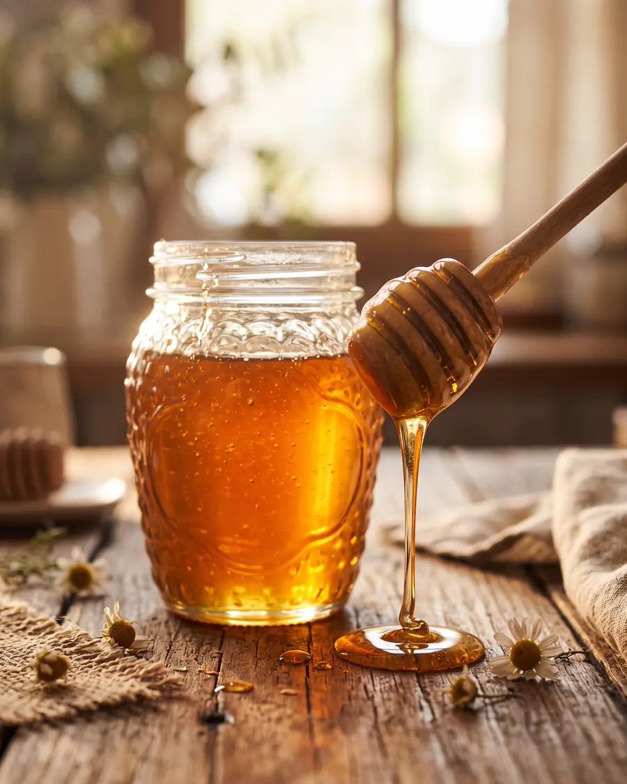 Toples madu keemasan tanpa label dengan sendok madu kayu yang meneteskan madu di meja kayu rustik, cahaya pagi dari belakang.