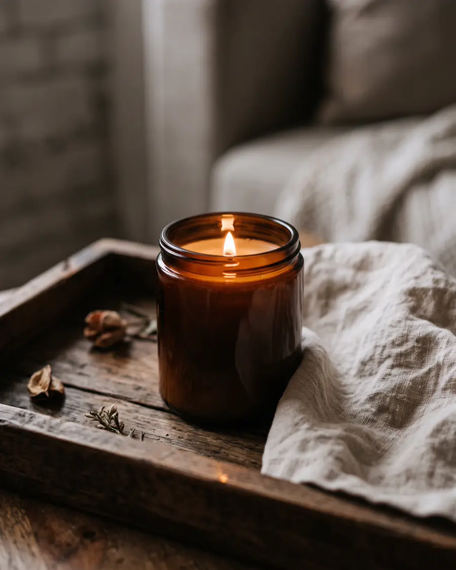 Lilin aroma dalam toples kaca amber tanpa label menyala di atas nampan kayu di samping kain linen, cahaya hangat.