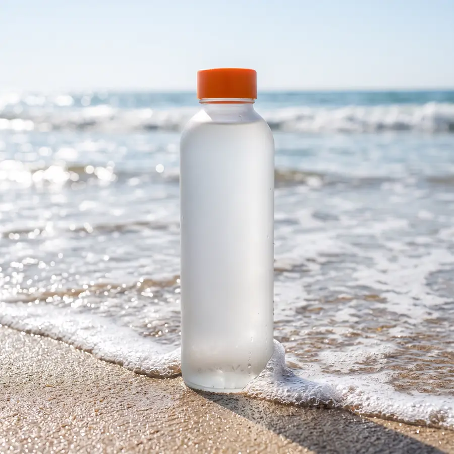 Botol minum kaca buram bertutup jingga tanpa label berdiri di pasir basah tepi laut dengan buih ombak, siang yang cerah.