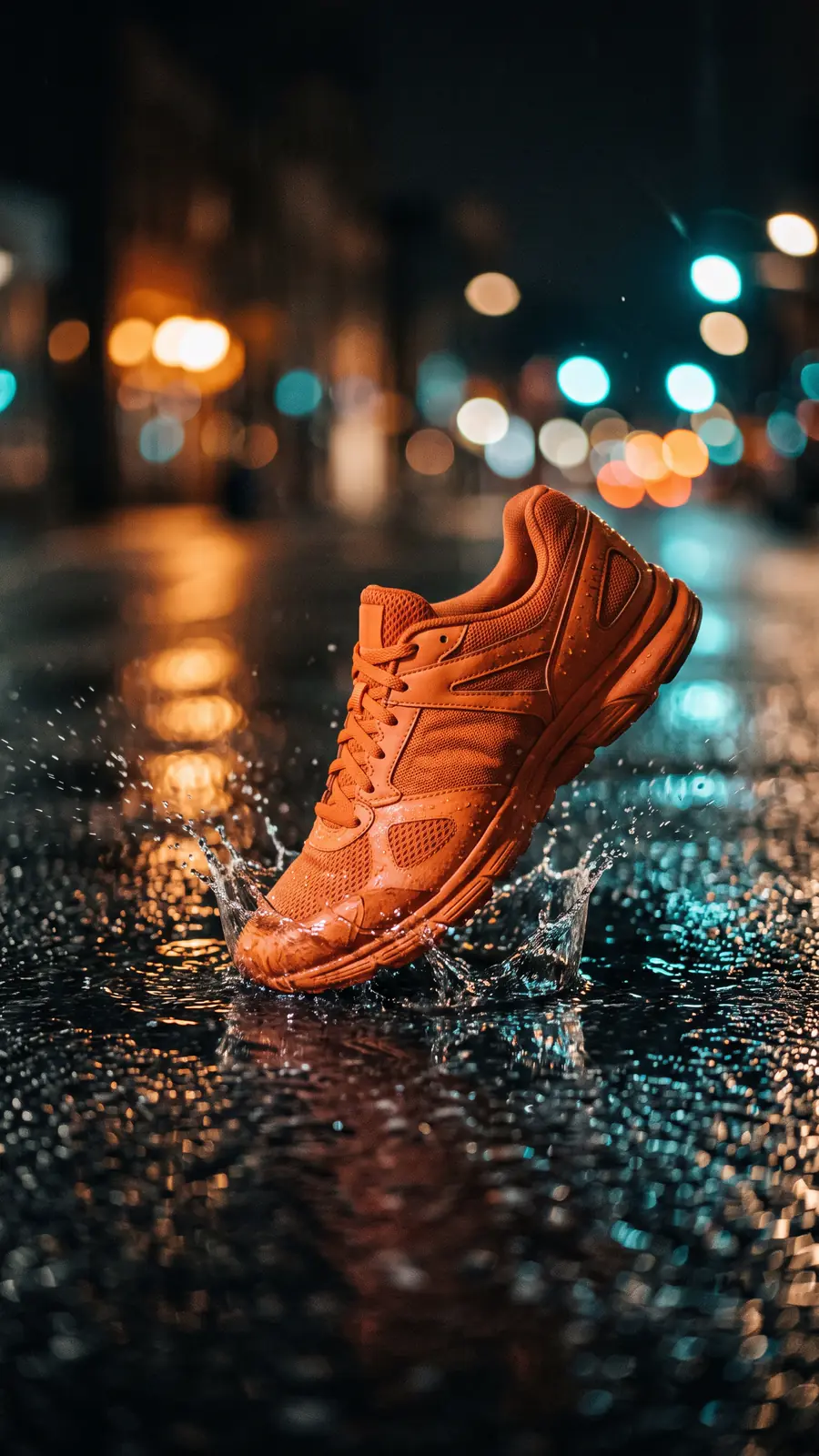 Sepatu lari jingga tanpa merek jatuh ke genangan di aspal basah saat malam, cipratan air berbentuk mahkota dan bokeh lampu kota.